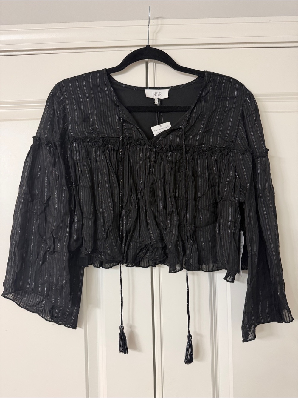NSR Black Sheer Peasant Blouse with Tassel Ties Women Size XL nwt